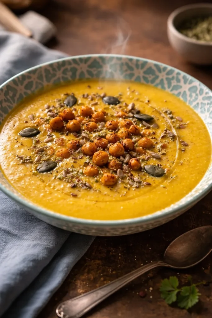 Fenchelcreme mit Lauch, Kartoffeln und würzigen Kichererbsen auf einem Teller.