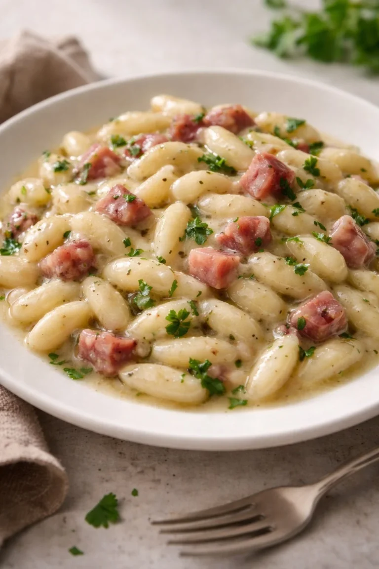 Frische Cavatelli mit Speck, Rucola und Kartoffelcreme auf einem Teller angerichtet