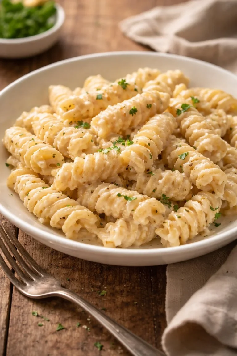Fusilli Thunfisch mit Philadelphia-Creme auf einem Teller serviert