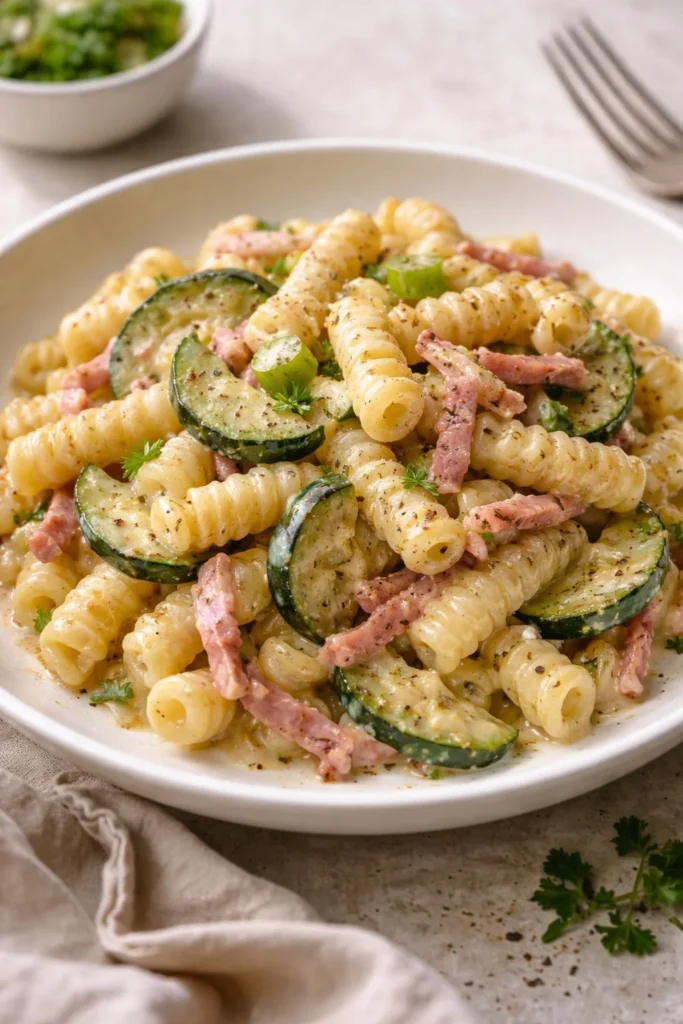 Fusilli mit Zucchini, Bacon und Robiola auf einem Teller serviert.