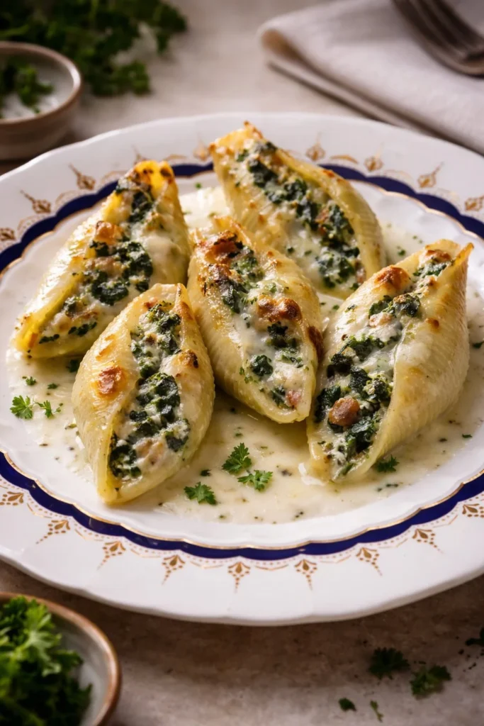 Gefüllte Conchiglioni mit Spinat, Ricotta und Speck in einem Teller