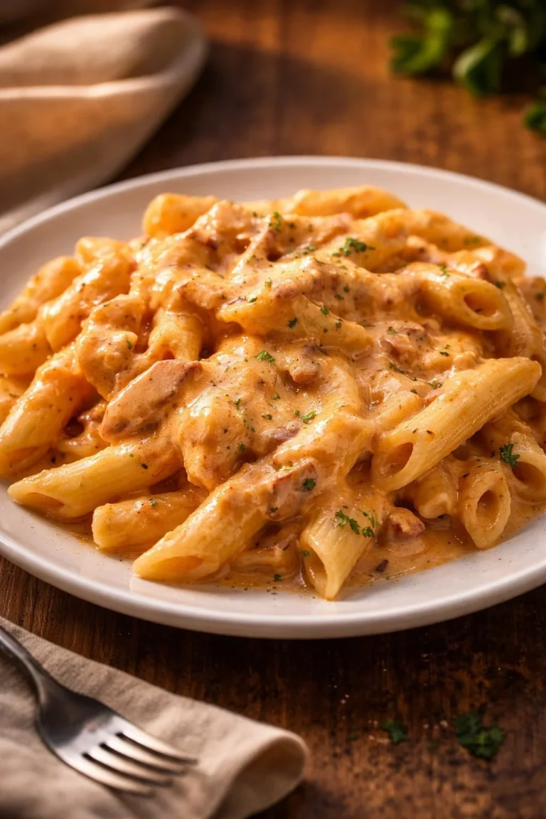Geräucherte Penne mit aromatischen Kräutern und Gewürzen serviert.