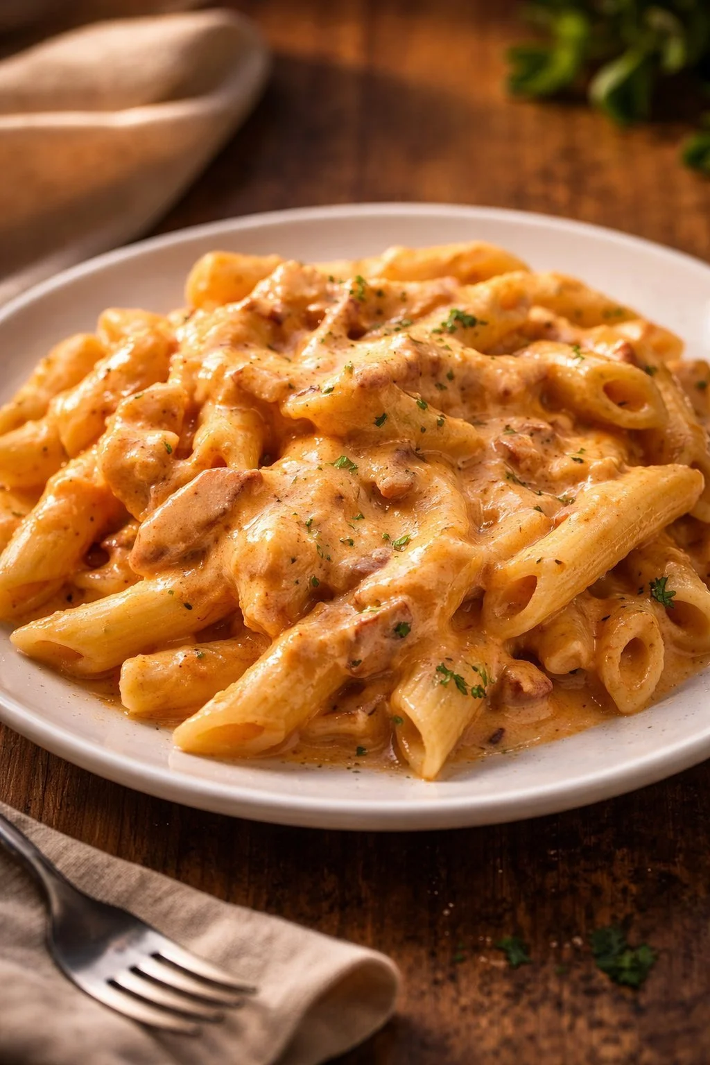 Geräucherte Penne mit aromatischen Kräutern und Gewürzen serviert.
