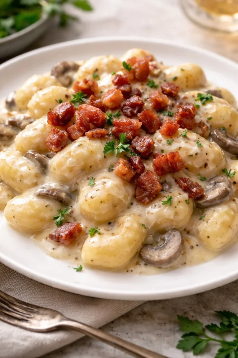 Gnocchi mit Parmesan-Sauce, Pilzen und Speck auf einem Teller serviert.