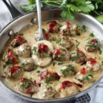 Hackbällchen in cremiger Champignon-Soße serviert auf einem Teller