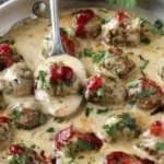 Hackbällchen serviert in einer cremigen Champignon-Soße