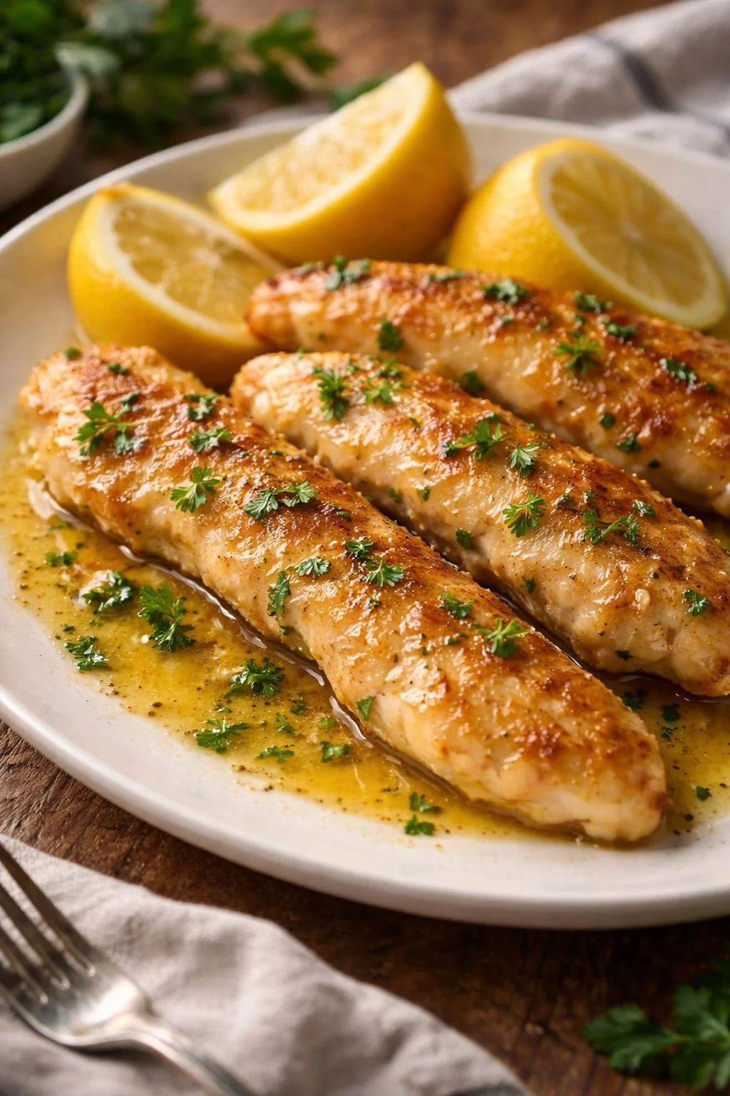 Hähnchenbruststreifen mit Zitrone auf einem Teller, serviert mit frischen Kräutern.