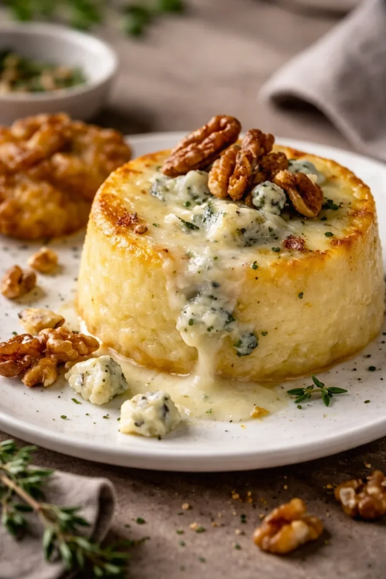 Köstliche Kartoffelküchlein mit Gorgonzola- und Walnussfüllung auf einem Teller.