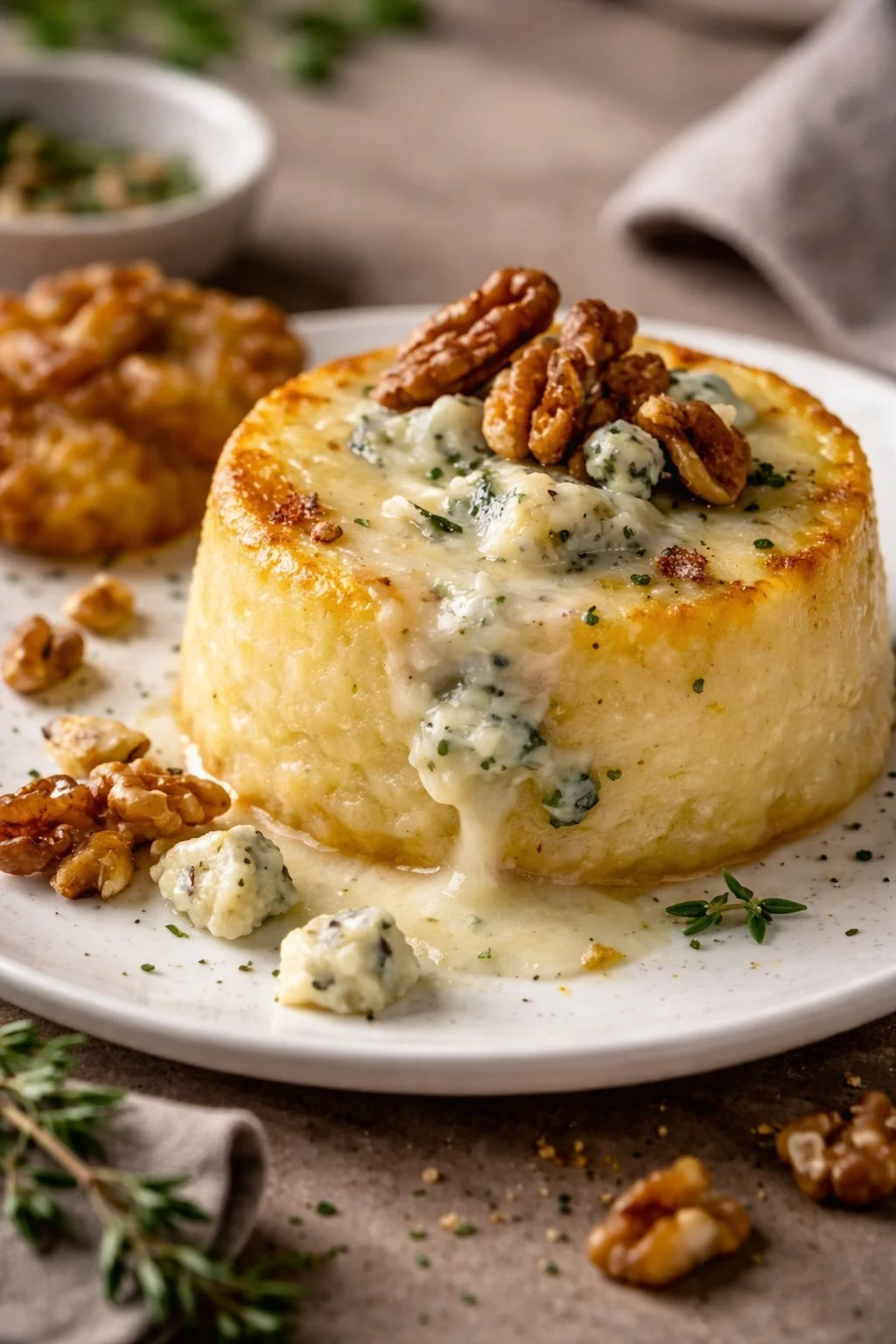 Köstliche Kartoffelküchlein mit Gorgonzola- und Walnussfüllung auf einem Teller.