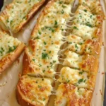 Leckeres Käse-Knoblauch-Brot frisch aus dem Ofen, serviert auf einem Holzbrett.