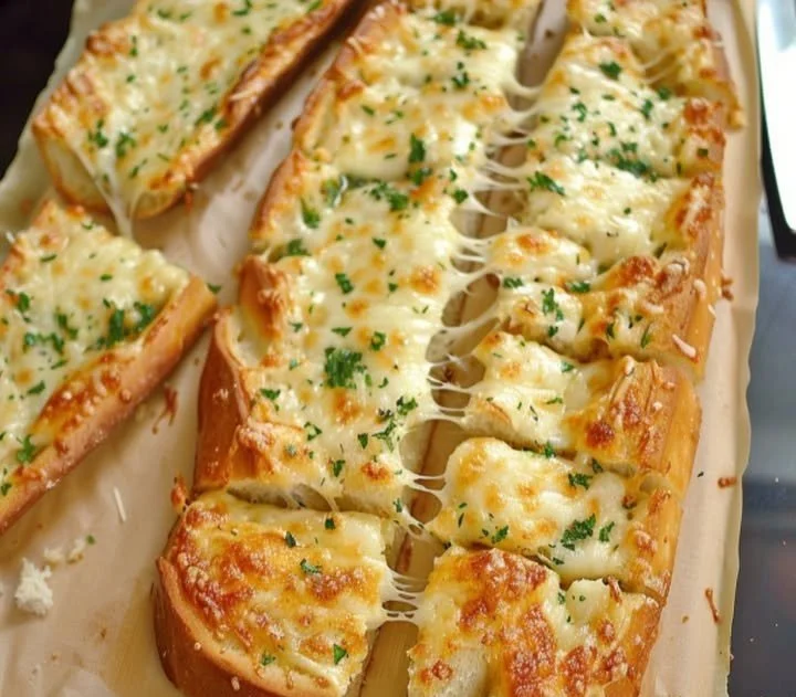 Leckeres Käse-Knoblauch-Brot frisch aus dem Ofen, serviert auf einem Holzbrett.