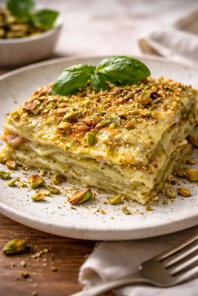 Lasagne mit Pistazienpesto auf einem Teller serviert, köstlich und einladend.