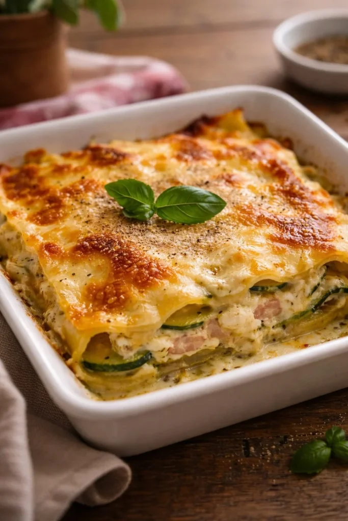 Lasagne mit Zucchini und Schinken auf einem Teller serviert.