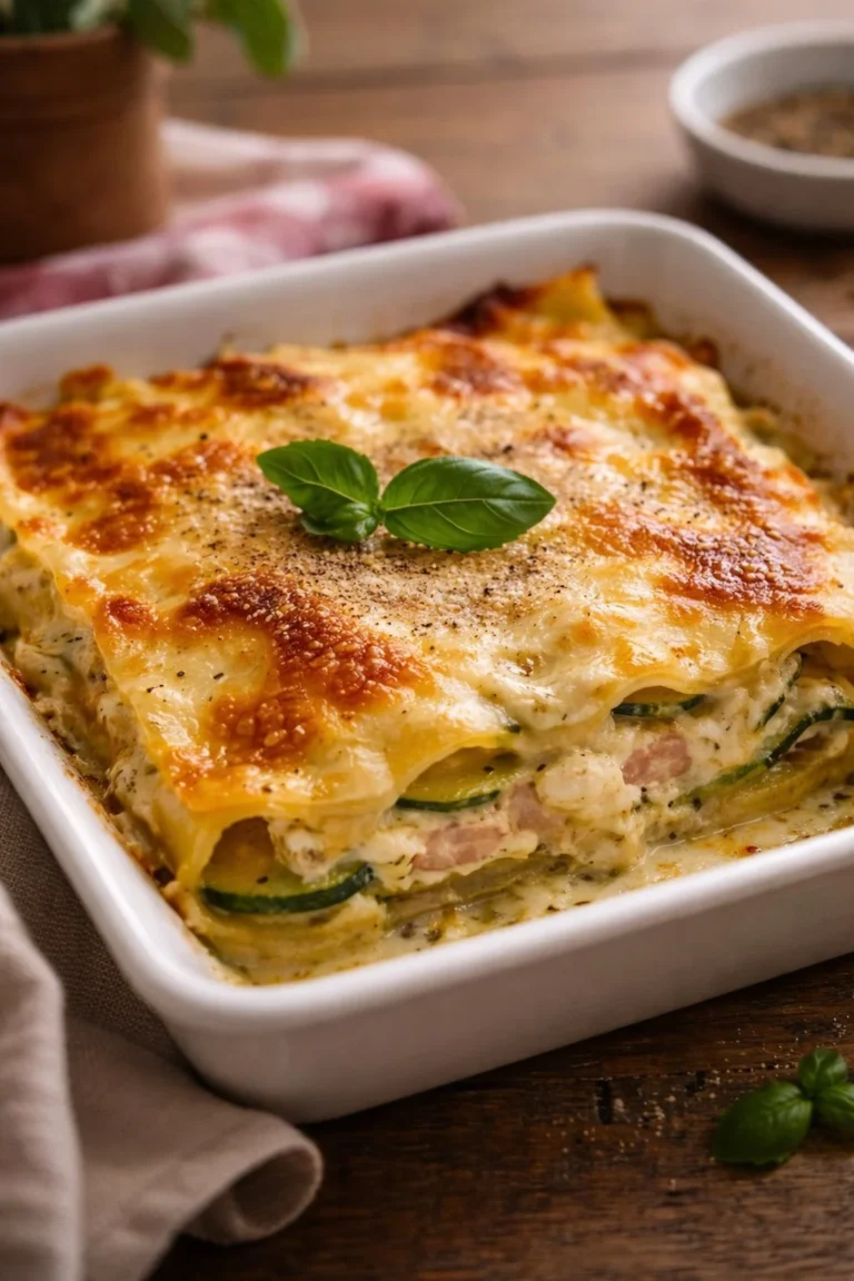 Lasagne mit Zucchini und Schinken auf einem Teller serviert.