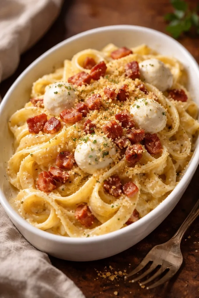 Linguine mit Pistazienpesto, Büffelmozzarella und Pancetta auf einem Teller serviert.