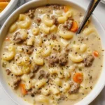 Schüssel mit Makkaroni-Cheeseburger-Suppe, garniert mit Käse und Kräutern.