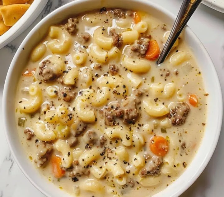 Schüssel mit Makkaroni-Cheeseburger-Suppe, garniert mit Käse und Kräutern.