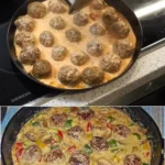 Makkaroni mit Hackbällchen-Ragout auf einem Teller