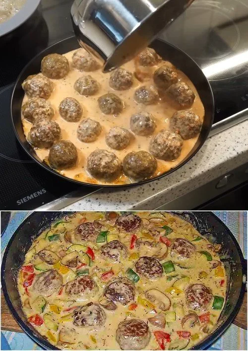 Makkaroni mit Hackbällchen-Ragout auf einem Teller