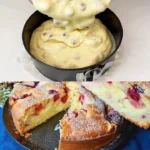 Saftiger Joghurt-Kirschkuchen auf einem Teller, verziert mit Kirschen