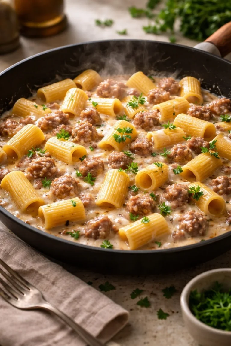 Mezze Maniche Rigate mit Bohnencreme und Wurst auf einem Teller serviert.