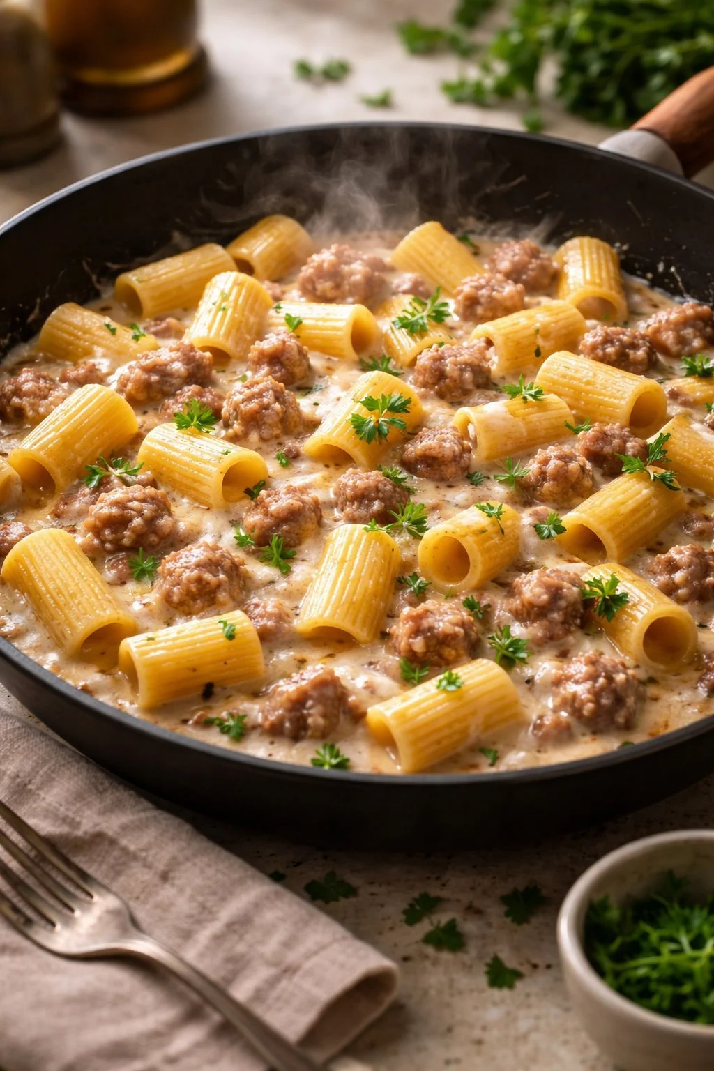Mezze Maniche Rigate mit Bohnencreme und Wurst auf einem Teller serviert.