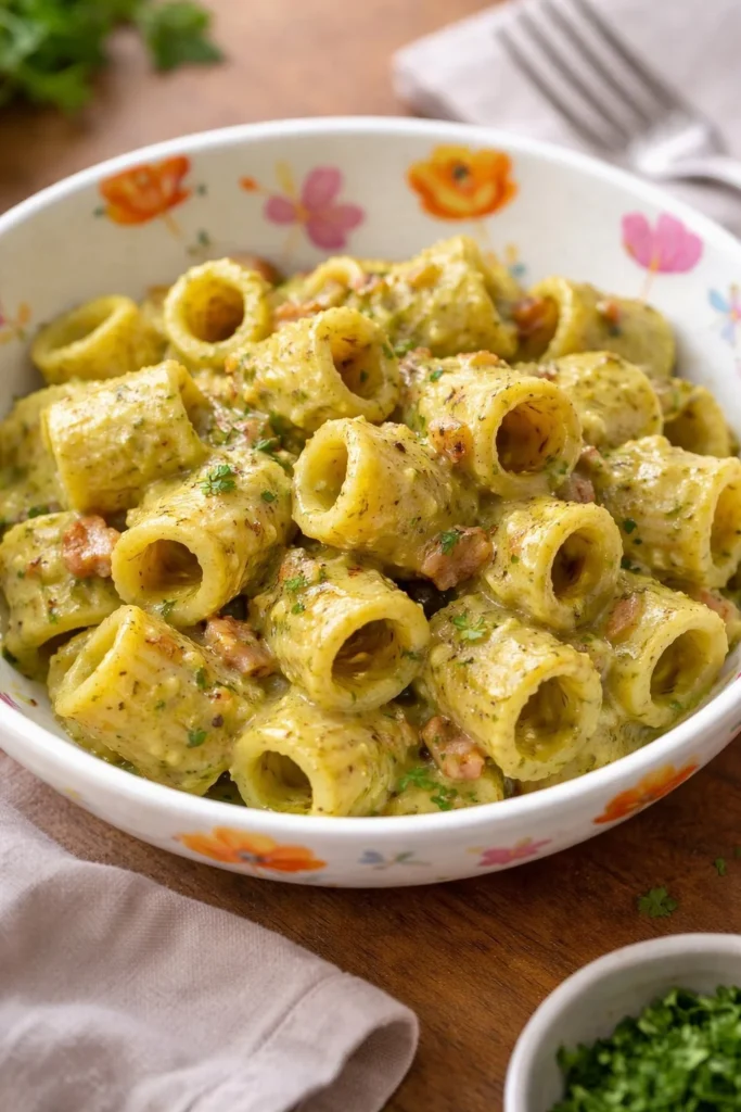 Teller mit Mezze Maniche, Zucchini-Creme, Bacon und Philadelphia