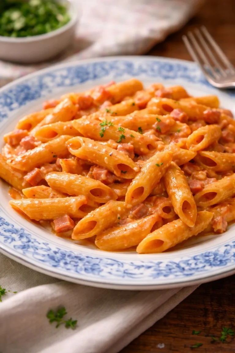 Ein Teller Mezze Penne al Baffo mit frischen Kräutern und Käse garniert.