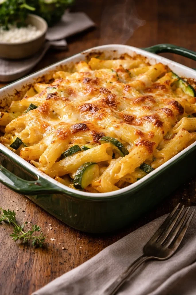 Ofen-Penne mit Zucchini, Speck und Safran in einer Auflaufform