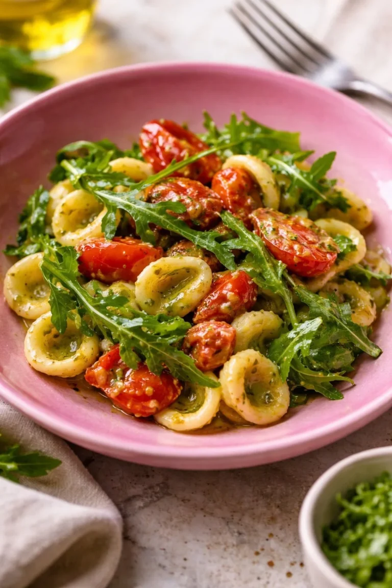 Orecchiette mit Datterino-Tomaten und Rucola-Pesto auf einem Teller