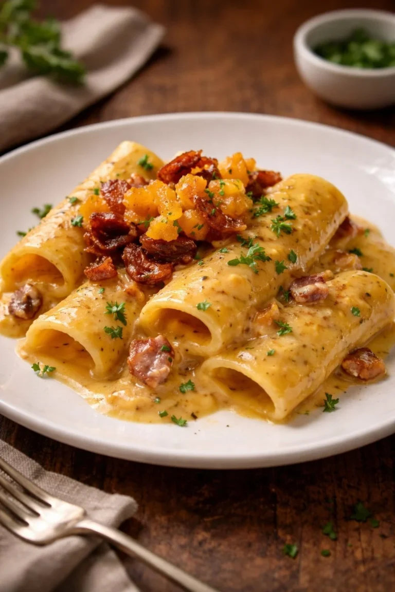 Paccheri mit Kürbiscreme und Speck serviert auf einem Teller