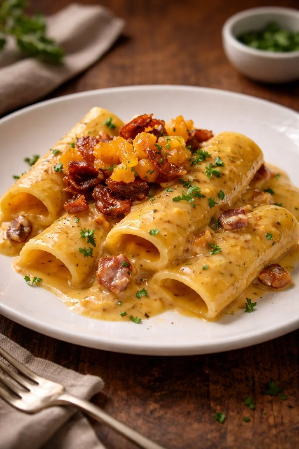Paccheri mit Kürbiscreme und Speck serviert auf einem Teller