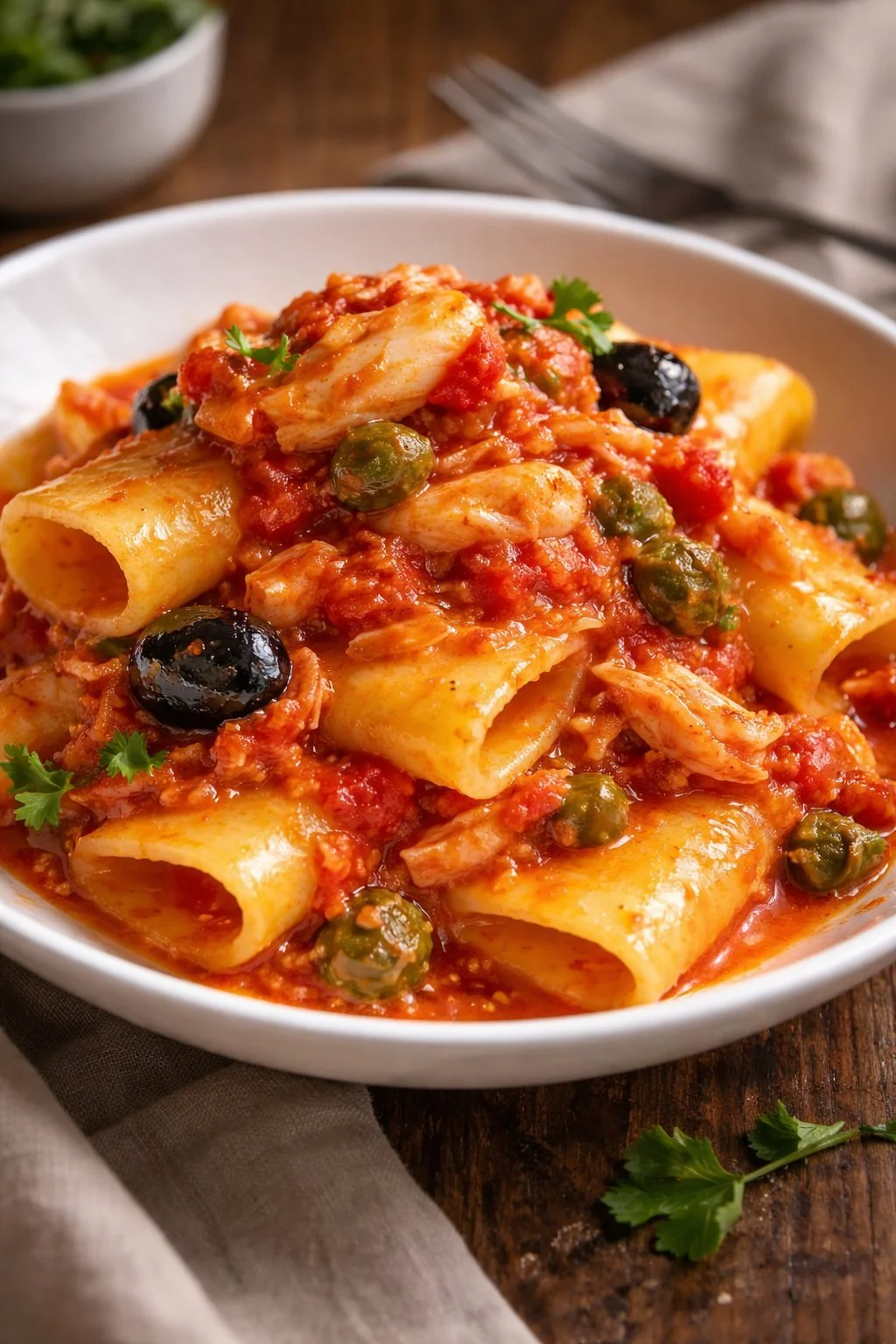 Paccheri mit Stockfisch, schwarzen Oliven und Kapern auf einem Teller