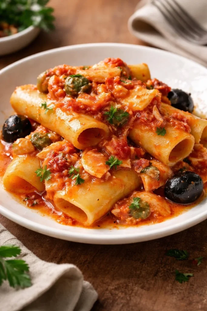 Ein Teller Paccheri mit Stockfisch, schwarzen Oliven und Kapern