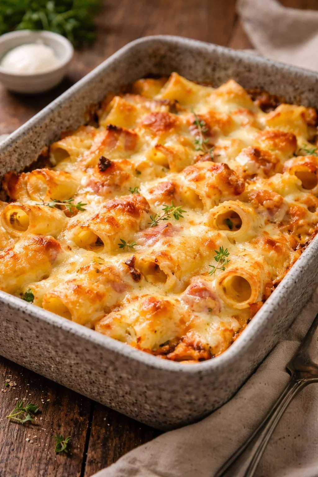 Leckere Pasta al Forno mit Zucchini, Cotto und Galbanino frisch aus dem Ofen