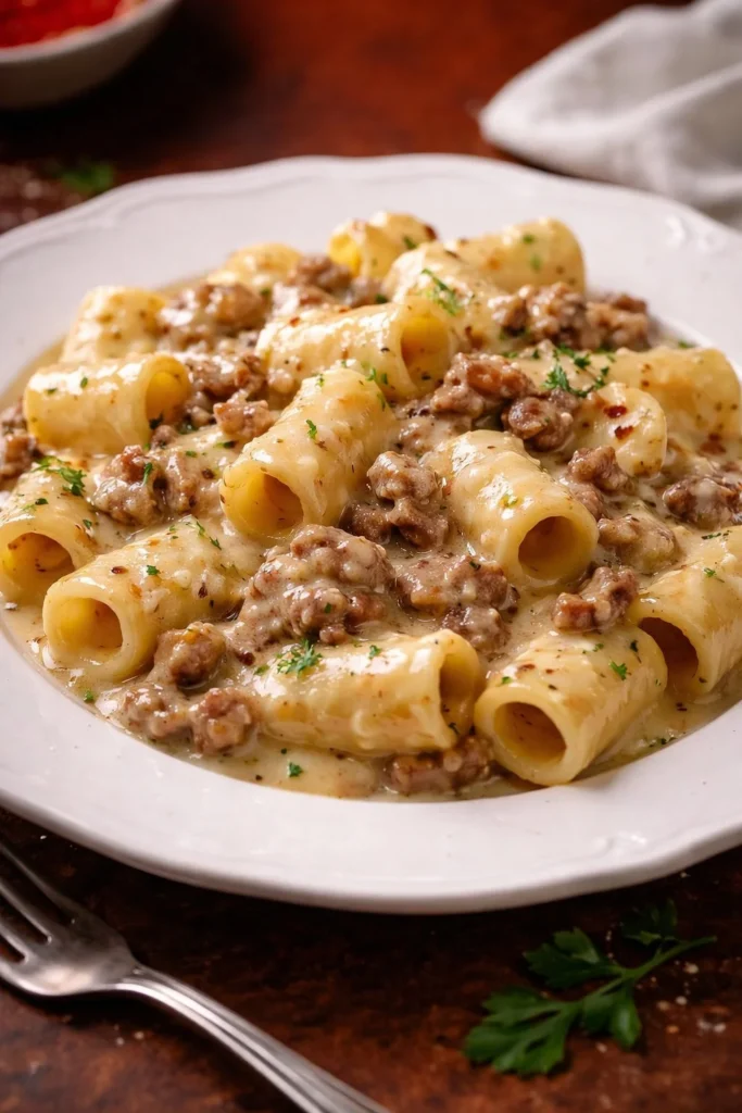 Pasta mit Kartoffelcreme und Würstchen auf einem Teller serviert
