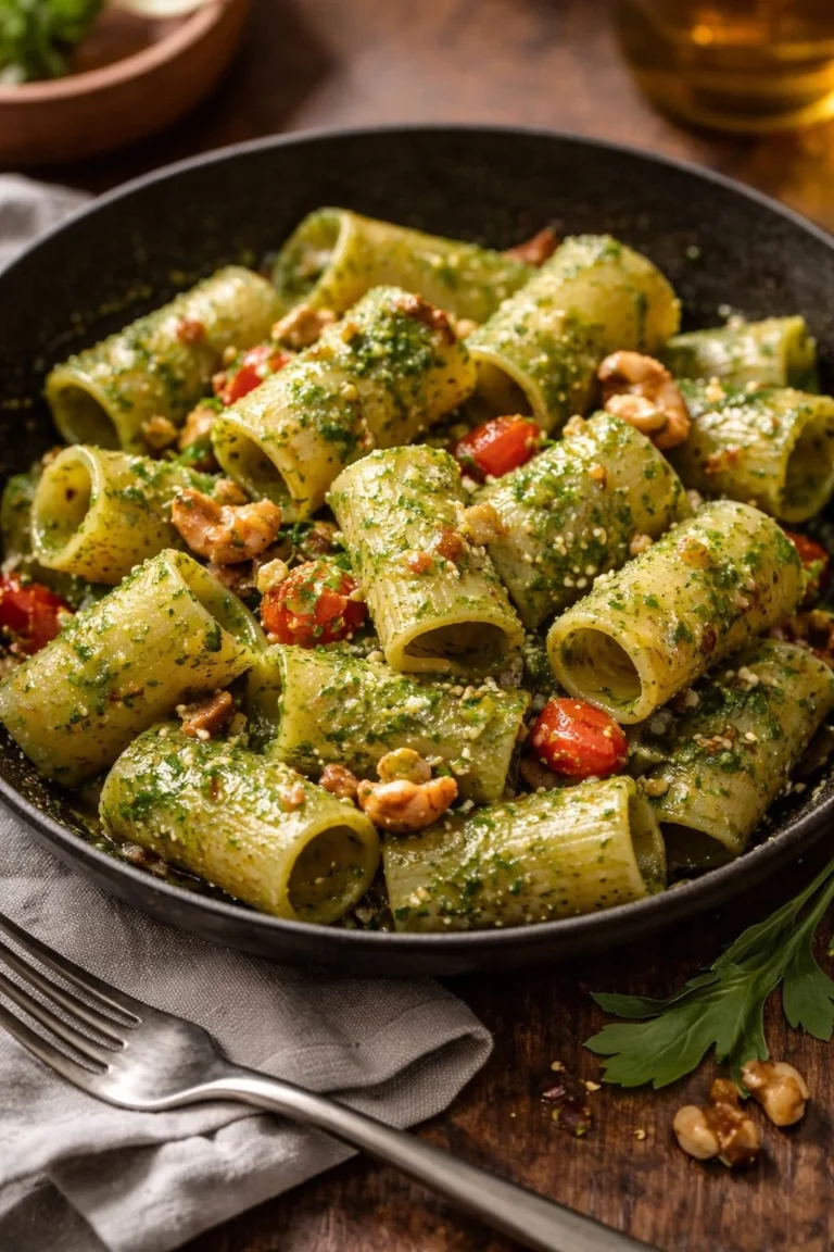 Pasta Paccheri Rigati mit Rucola-Pesto und Garnelen auf einem Teller.