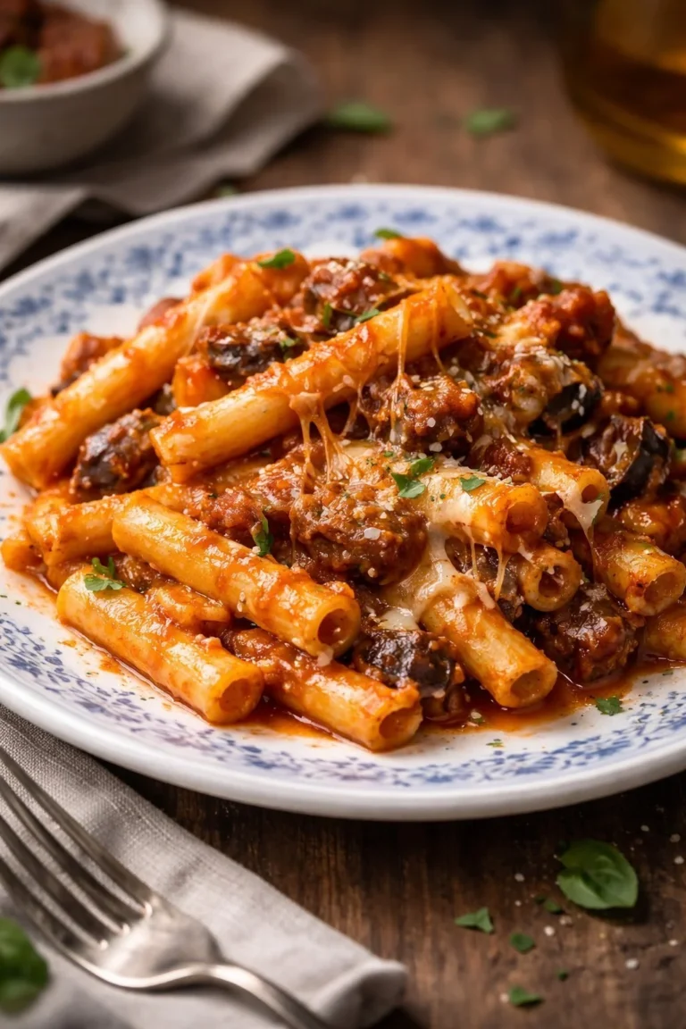 Pasta mit frittierter Aubergine und geräucherter Provola serviert auf einem Teller.