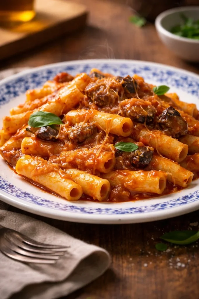 Pasta mit gebratenen Auberginen und rauchigem Provolone auf einem Teller