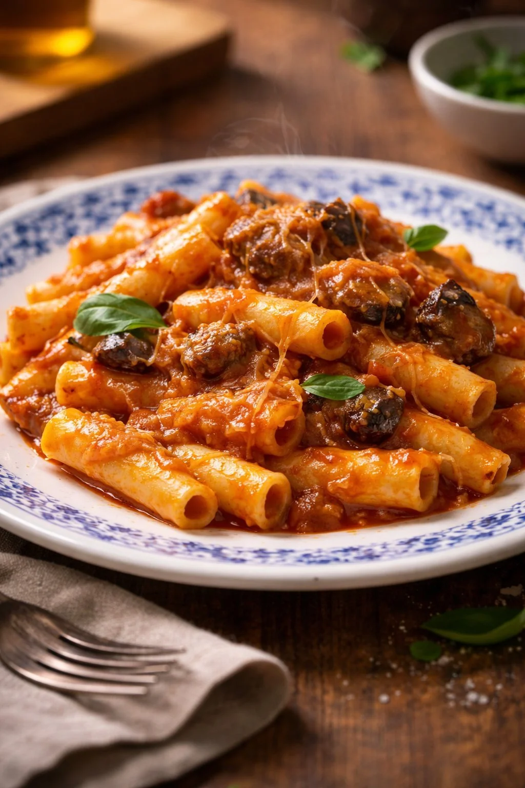 Pasta mit gebratenen Auberginen und rauchigem Provolone auf einem Teller