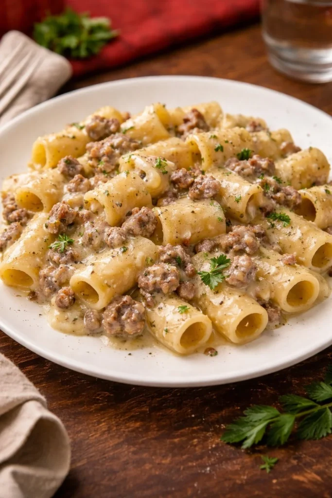 Pasta mit Kartoffelcreme und Würstchen auf einem Teller serviert