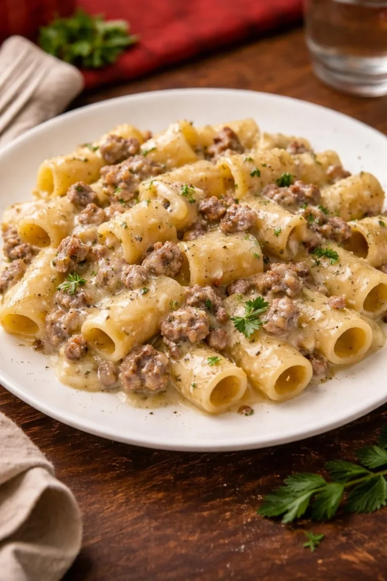 Pasta mit Kartoffelcreme und Würstchen auf einem Teller serviert