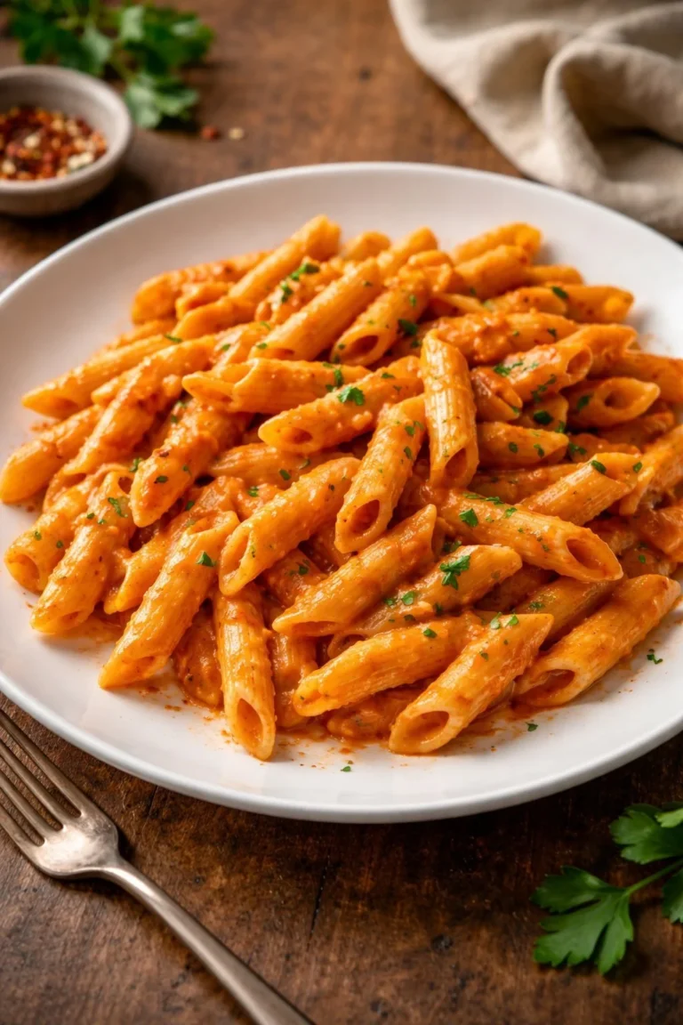 Penne alla Vodka in einer Schüssel mit frischen Kräutern garniert.