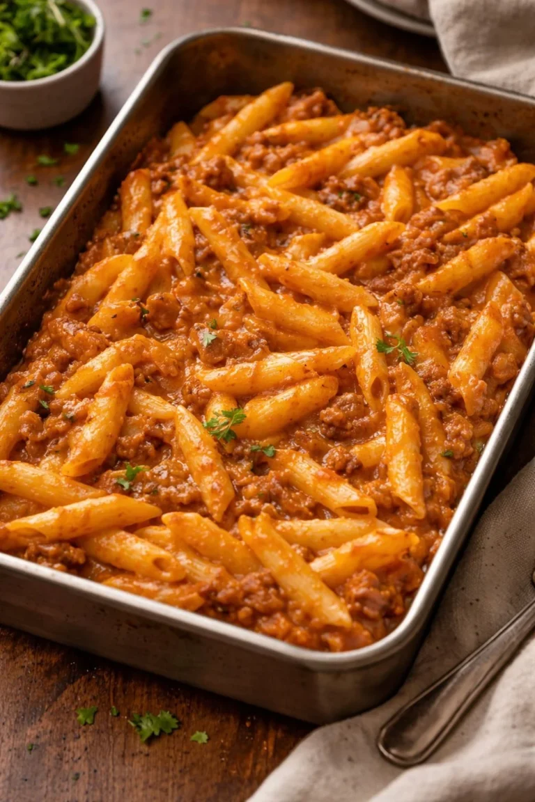 Ofen-gebackene Penne mit Wurst und Béchamelsauce und Mozzarella