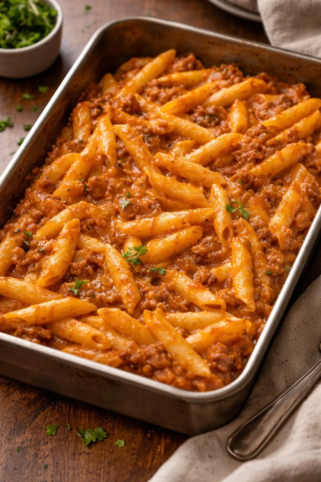 Ofen-gebackene Penne mit Wurst und Béchamelsauce und Mozzarella