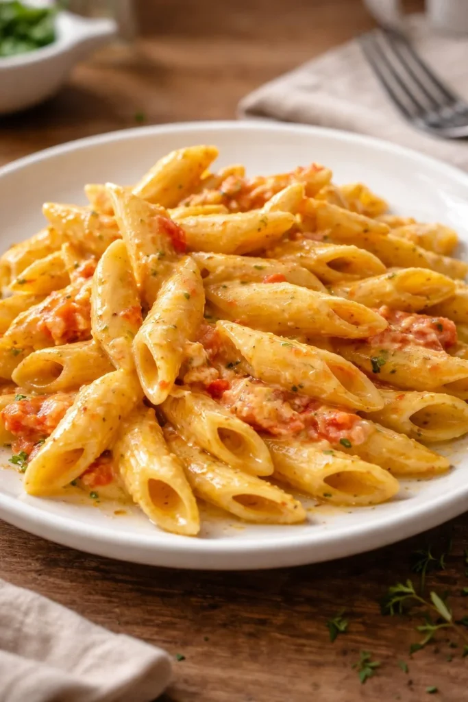 Leckere Pennette nach meiner Art serviert mit frischen Zutaten
