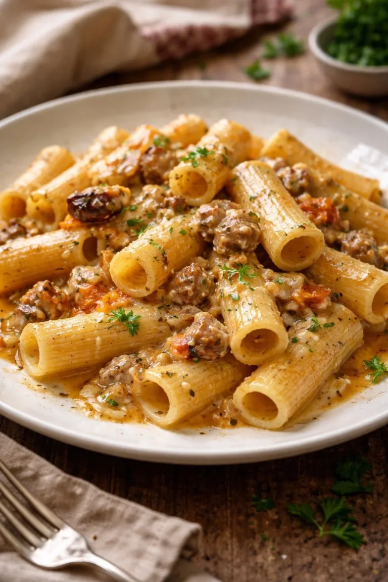 Rigatoni mit Kürbis, Wurst und Provola auf einem Teller serviert.