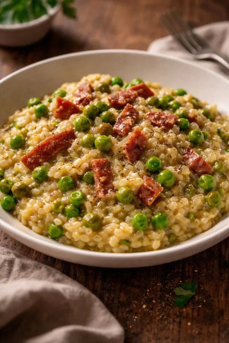 Cremiges Risotto mit Speck, Erbsen und Curry in einer Schüssel serviert