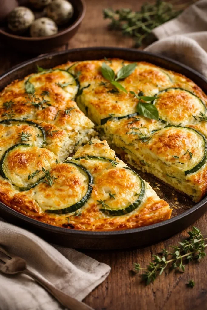 Rustikaler Zucchinikuchen mit frischen Zutaten und Gewürzen