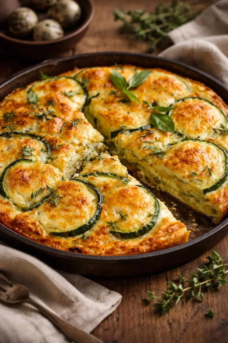 Rustikaler Zucchinikuchen mit frischen Zutaten und Gewürzen